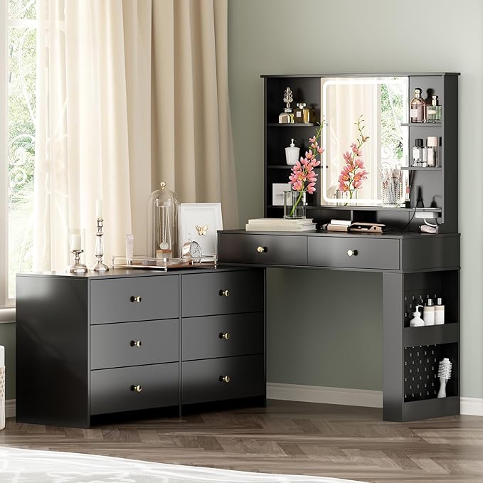 Large Makeup Vanity Desk with Mirror and Lights, Vanity Desk with 8 Drawers & by Ieejdn