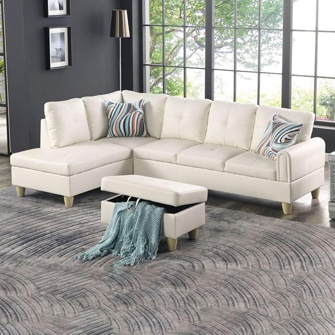 Pearl White L-Shaped 3-Piece Faux Leather Sofa by Unknown