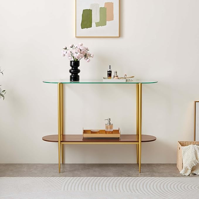 Oval Glass Console Table for Living Room, Foyer & Entrance, 2-Tiers Mid-Century - Image 5