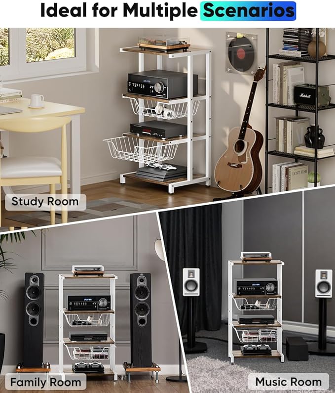 Media Stand with Two Detachable Baskets, 4-Tier AV Media Stand Corner Shelf - Image 7
