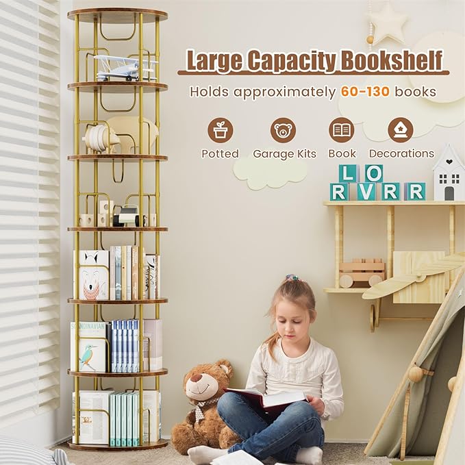 6 Tier Rotating Bookshelf, 360 ° Display Stackable Spinning Bookshelf Tower - Image 6