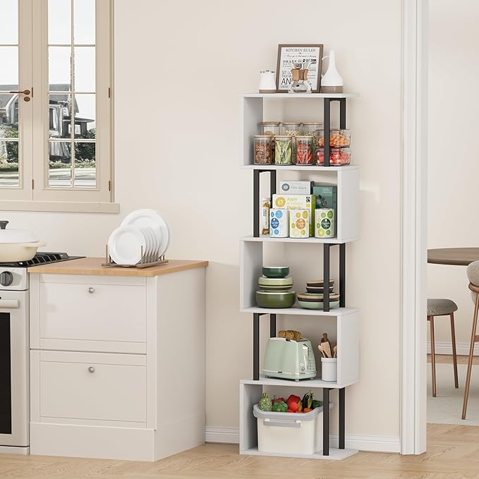 Gadroad 5-Tier Bookshelf, Narrow S-Shaped Geometric Bookcase, Wood Decorative - Image 7