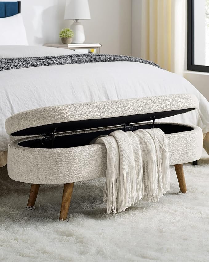 Oval Storage Bench 43.5" Linen Fabric Upholstered Entryway Bench by ECLYLFurniture