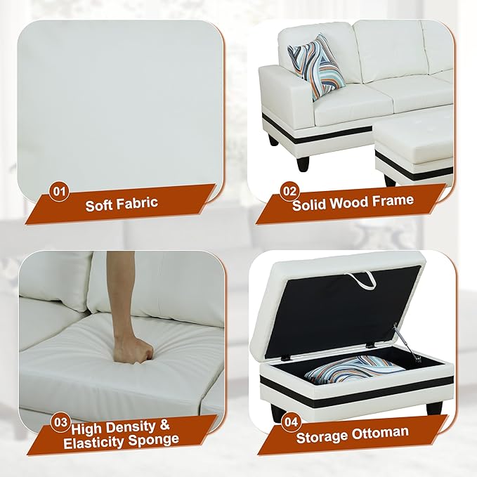 Osparple L Shaped Couch PU Leather Sectional Couch Upholstered 3 Pieces Sofas - Image 5