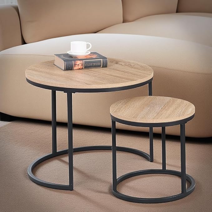 CENSI 24" Round Nesting Table, Accent Coffee Table, Natural Oak, Light Wooden by CENSIFURNITURE