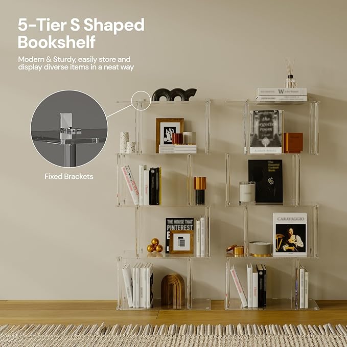 Acrylic Geometric Bookshelf, 5-Tier Clear S Shaped Bookcase, Unique Book Shelf - Image 5