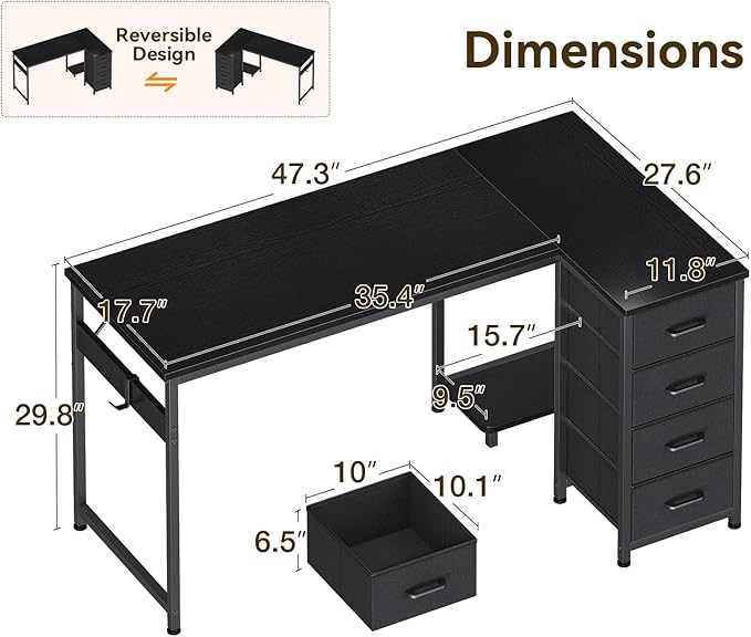Casaottima L Shaped Desk with 4 Drawers, Reversible Kids Study Table with CPU - Image 3