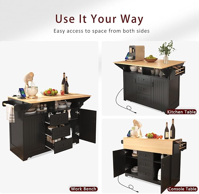 56" Large Kitchen Island with 2 Drop Leafs, Rolling Kitchen Cart on 5 Wheels - Image 6