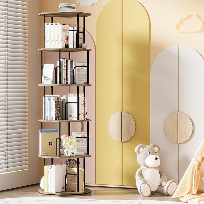 5 Tier Rotating Bookshelf, 360 Display Round Spinning Bookshelf Tower by HOVANESTY