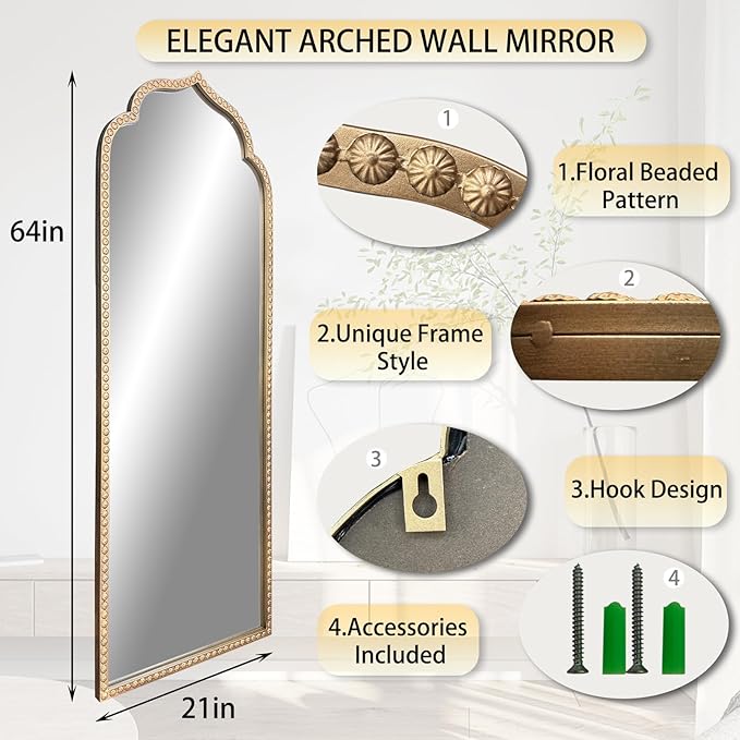 Large Gold Arched Mirror, Metal Beaded Frame Vintage Mirror, Scalloped Full - Image 4