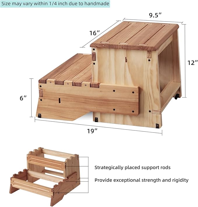 16" Wooden Two Step Stool for Adult & Kid, Deeper & Safer Bedside Steps - Image 2