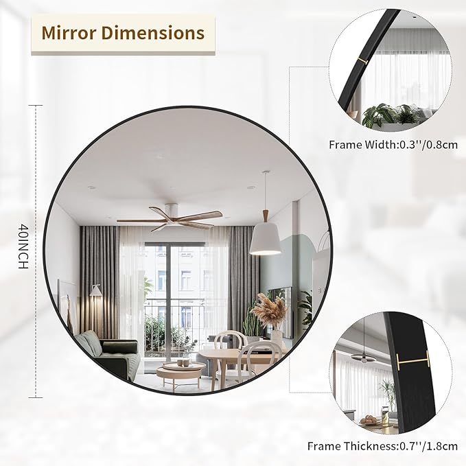 BEAUTYPEAK 40 Inch Round Mirror, Metal Frame Circle Mirror, Wall Mounted - Image 2