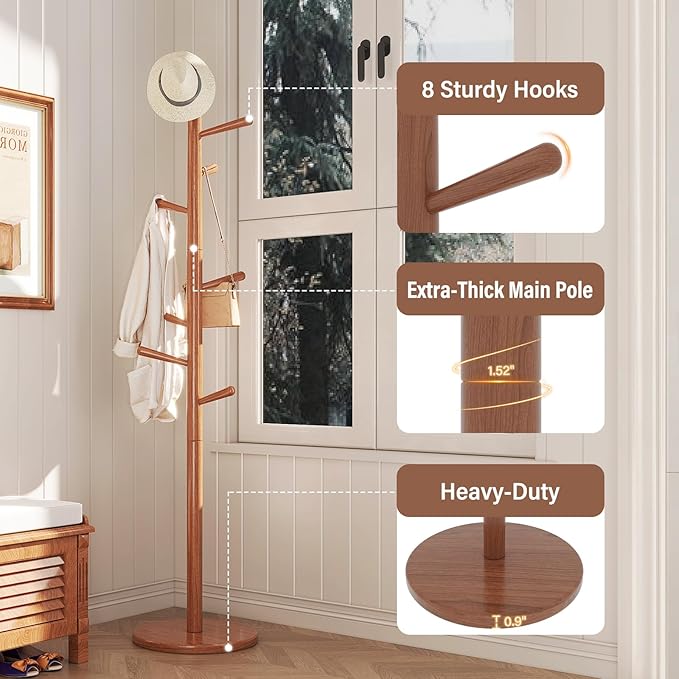 CozyDH Coat Rack Freestanding Solid Wood Coat Rack Stand, Coat Tree Freestanding - Image 9