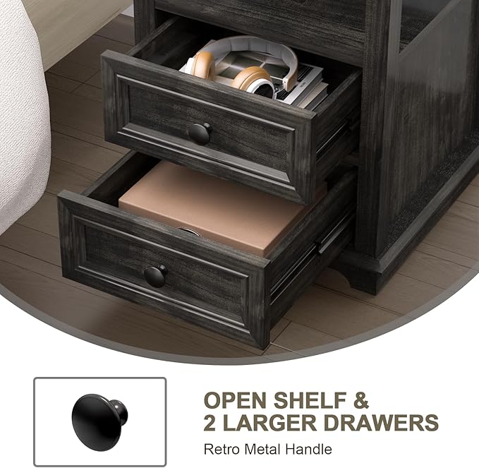 End Table with Fast Charging Station Set of 2, Large Storage Rustic Wood Square - Image 5