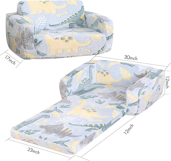 Foldable Kids Sofa Extra Wide for 2 Seats, Soft Kids Fold Out Couch Glow in The - Image 3