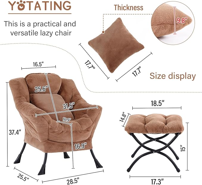 Lazy Chair with Ottoman, Comfy Reading Lounge Chair with Footstool & Throw - Image 3