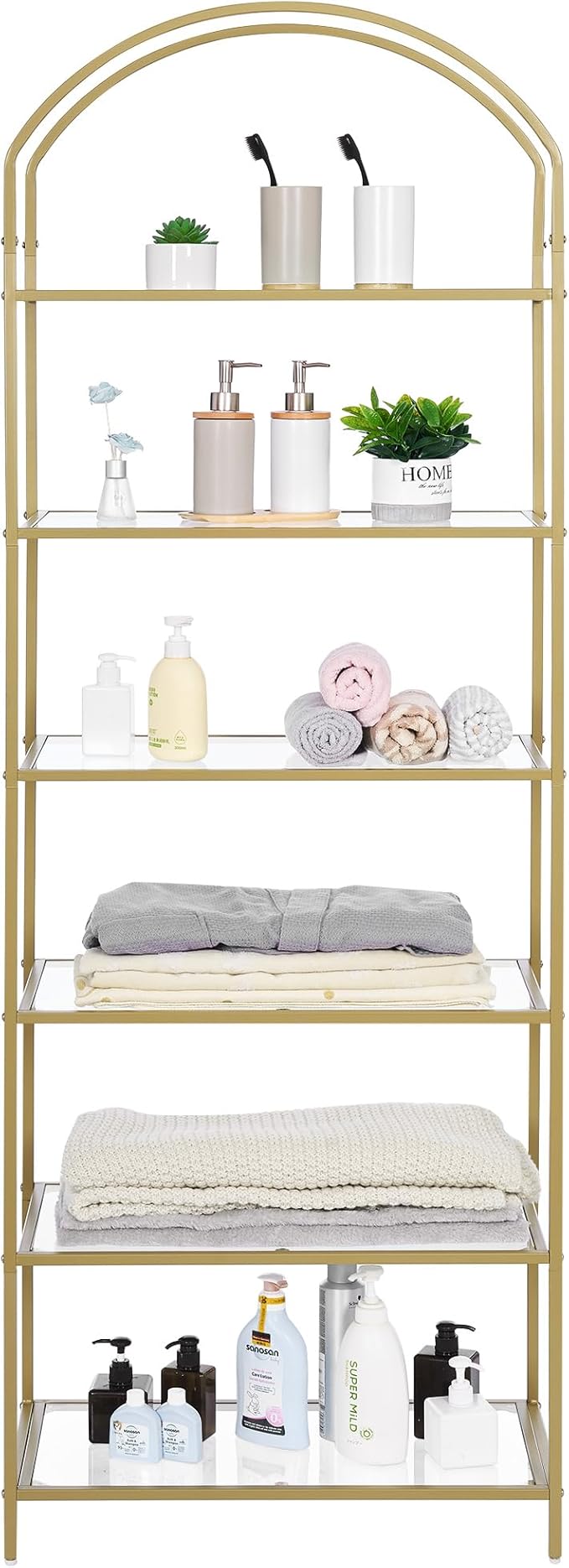 Homhedy Bookshelf Arched Display Racks, Metal Bookcase, Tempered Glass Shelves - Image 3