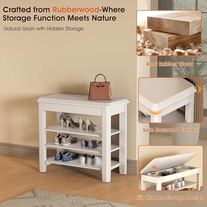 Shoe Rack Bench Seat Rubberwood 3-Tier Wooden Storage Bench 550lbs Compact - Image 6