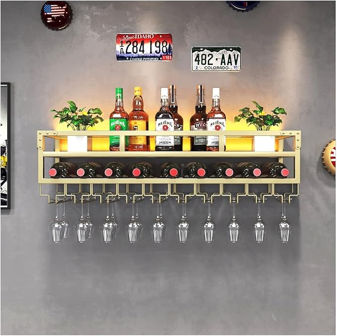 LED Wine Rack Wall Mounted, Industrial Metal Wall Wine Shelf & Glass Holder by PENGFEI