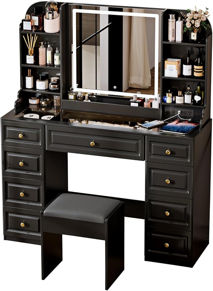 42" Makeup Vanity Desk with Mirror and Lights, & Power Outl, Glass Top Big - Image 9