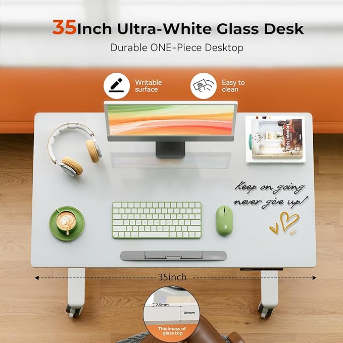35inch Glass Standing Desk，90° Tiltable Mobile Rising Desk Height - Image 4