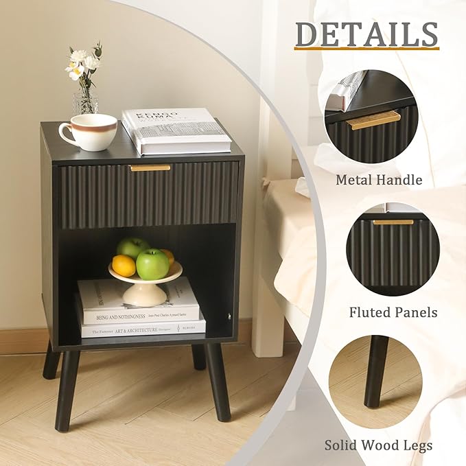 Fluted Black Nightstand with Charging Station, Mid Century Modern Bedside Table - Image 6