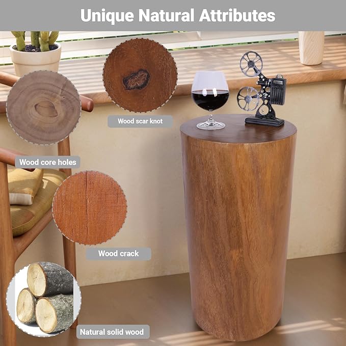 Athaliah Wooden Tree Stump End Table, 23.25" Paulownia Wood Hand Carved Rustic - Image 3