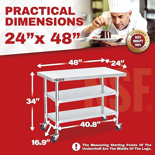 DuraSteel Stainless Steel Work Table 24" x 48" x 34" Height w/ 4 Caster Wheels - Image 2