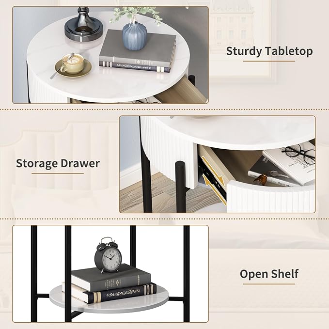 OIOG Round End Table with Drawer, Modern 2 Tier NightStand with Shelf, Small - Image 6