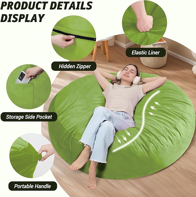 7FT Bean Bag Chair with Ultra Soft Velvet Cover Bean Bag Sofa with Memory Foam - Image 4