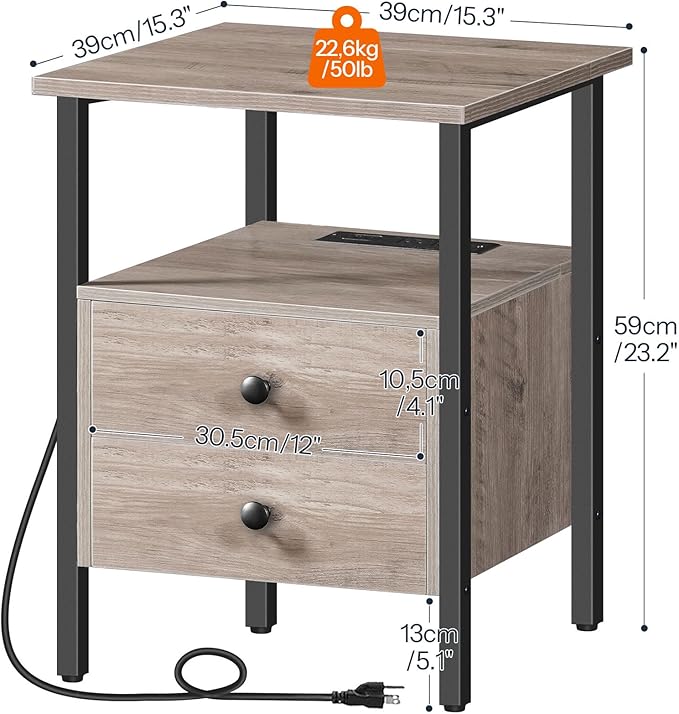 HOOBRO End Table with Charging Station, Nightstand with 2 Drawer & USB Ports & - Image 2