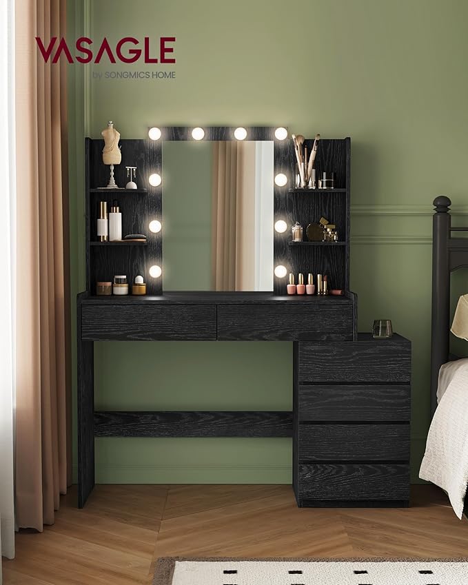 VASAGLE Vanity Desk with Mirror and LED Lights, Makeup Vanity with 6 Drawers - Image 2