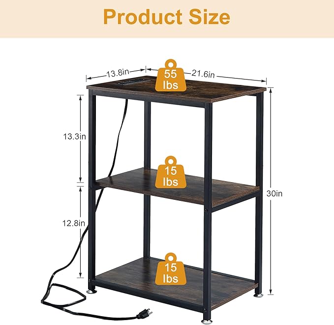 VECELO Tall End Table with Charging Station, Side Table with USB Ports and - Image 2