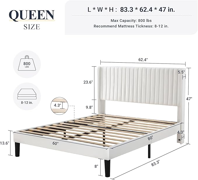 Allewie Queen Size Velvet Bed Frame/Vertical Channel Tufted Wingback - Image 2
