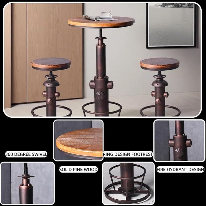 Industrial Bar Table Swivel Round Wooden Top Height Adjustable 38.6-44.4inch - Image 3
