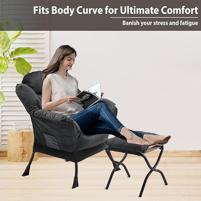 Lazy Chair with Folding Ottoman, Accent Chair Velvet Upholstered with Metal - Image 5
