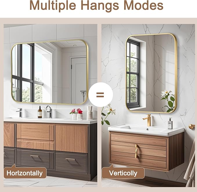 Brushed Gold Mirror, Metal Frame Rectangle Corner Vanity Mirror, Wall Mounted - Image 7
