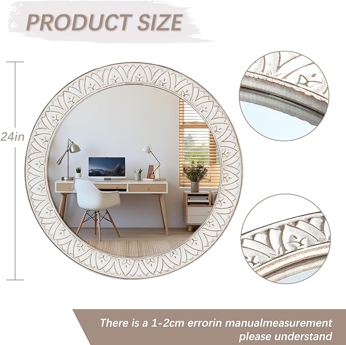 24" Round Mirror Farmhouse Wooden Frame Circle Mirrors, Rustic Decorative - Image 6