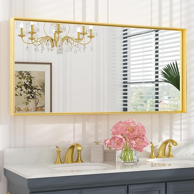 Keonjinn Gold Bathroom Mirrors for Wall 48 x 24 Inch Brushed Gold Frame by Keonjinn