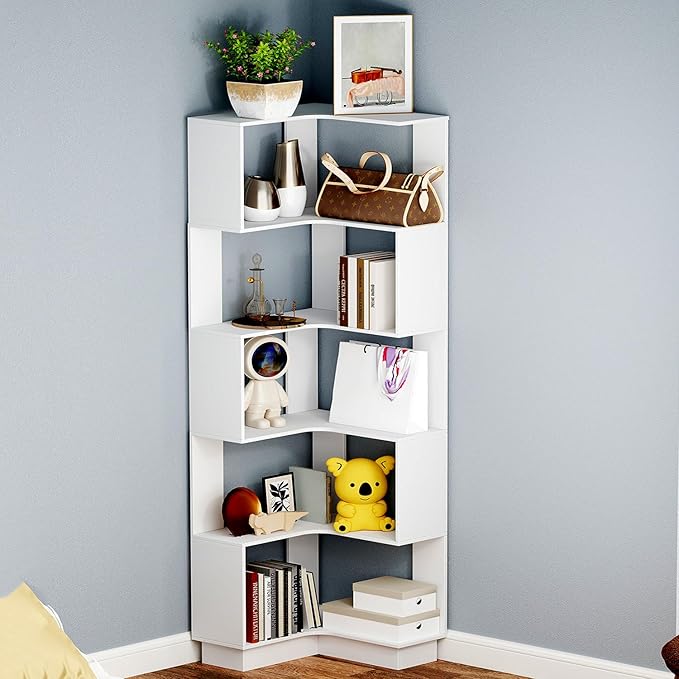 Corner Bookshelf, 68.9" Tall Wooden Corner Bookcase 5 Tiers L-Shaped Storage - Image 7