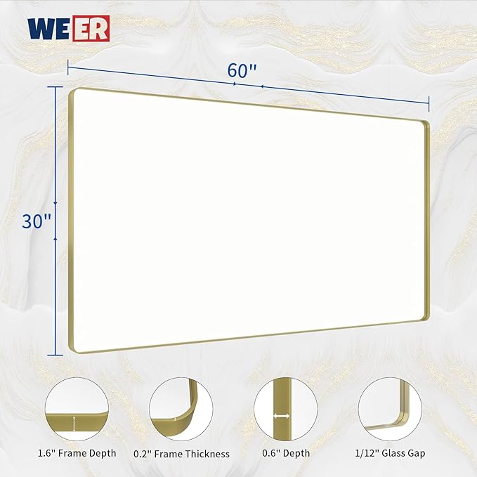 WEER Gold Bathroom Mirror, 60x30 Inch Brushed Gold Metal Frame, Rounded - Image 6