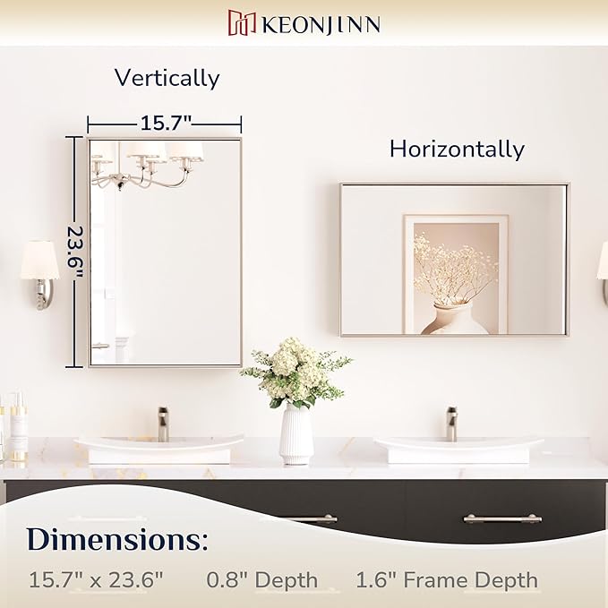 Keonjinn 16 x 24 in Brushed Nickel Bathroom Mirror, Rectangular Metal Framed - Image 7