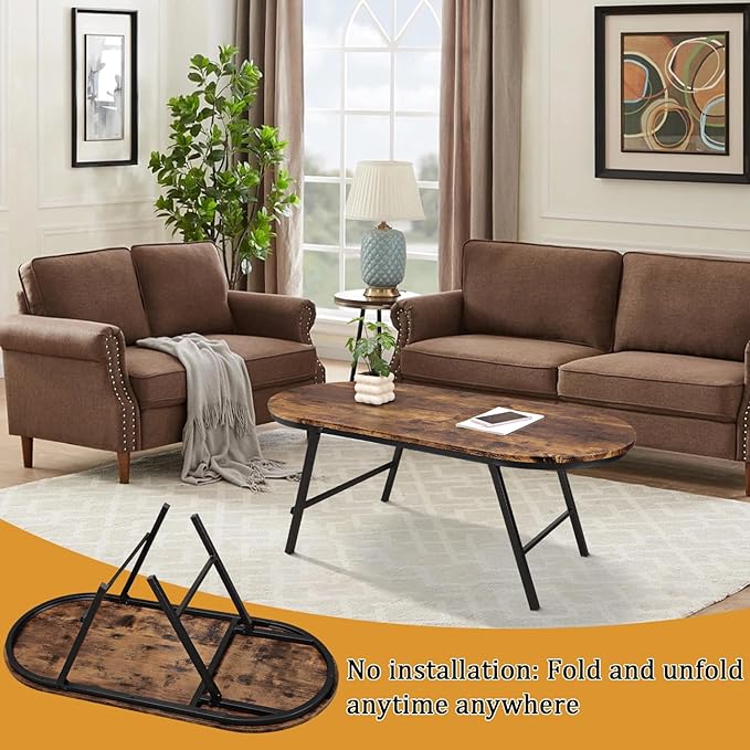 Folding Coffee Table for Living Room Industrial Brown Small Low Table Wooden - Image 3