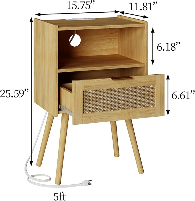 Rattan Nightstand with Outlet, Modern Bedside Table with Storage Drawer and - Image 2
