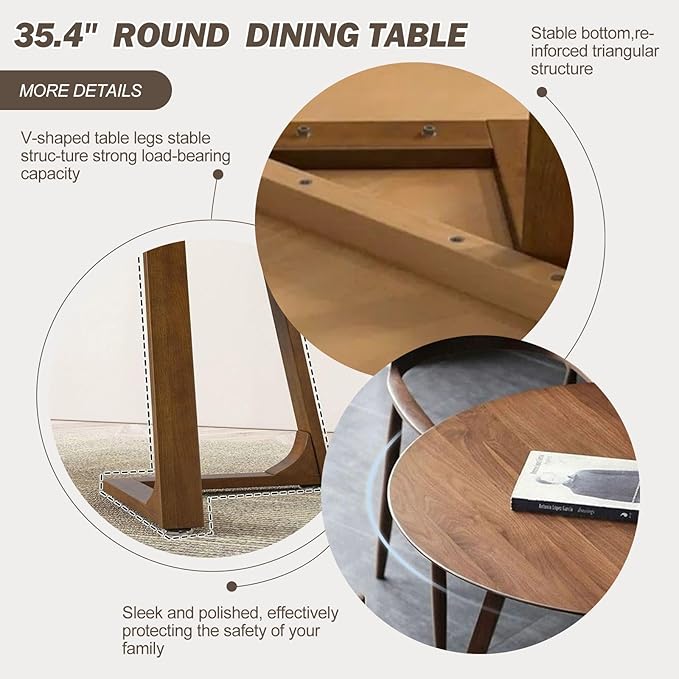 Walnut Round Dining Table for 4, 35.4" Small Wood Round Kitchen Table - Image 5