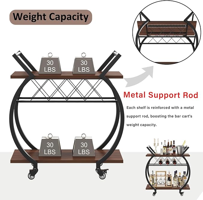 LVB Modern Gold Bar Cart, Industrial Rolling Serving Wine Cart - Image 4