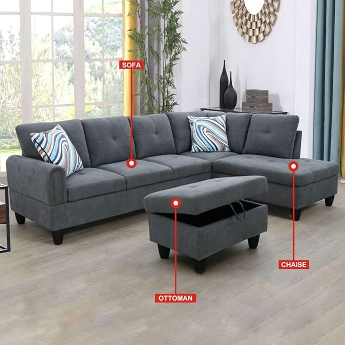 Dark Grey L-Shaped 3-Piece Flannel Sofa - Image 2