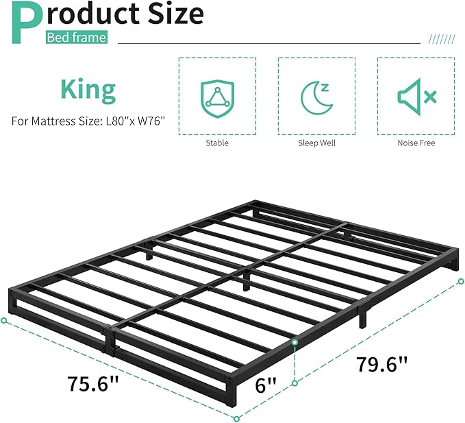 6 Inch King Size Bed Frame Sturdy Mattress Foundation, Heavy Duty Metal Platform - Image 2