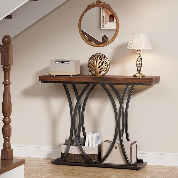 JUSTOGO 41.3" Industrial Entryway Table, Narrow Wood Sofa Console Table - Image 3
