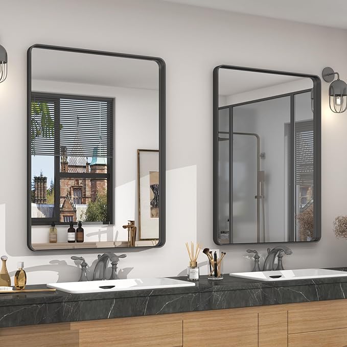 2 Pack of 22x30 Inch Black Metal Framed Bathrrom Mirror, Hangs Horizontally or by CHARMOR